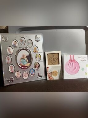 Rae Dunn Silver Multi-Photo Baby Frame with Pink Keepsake Kit